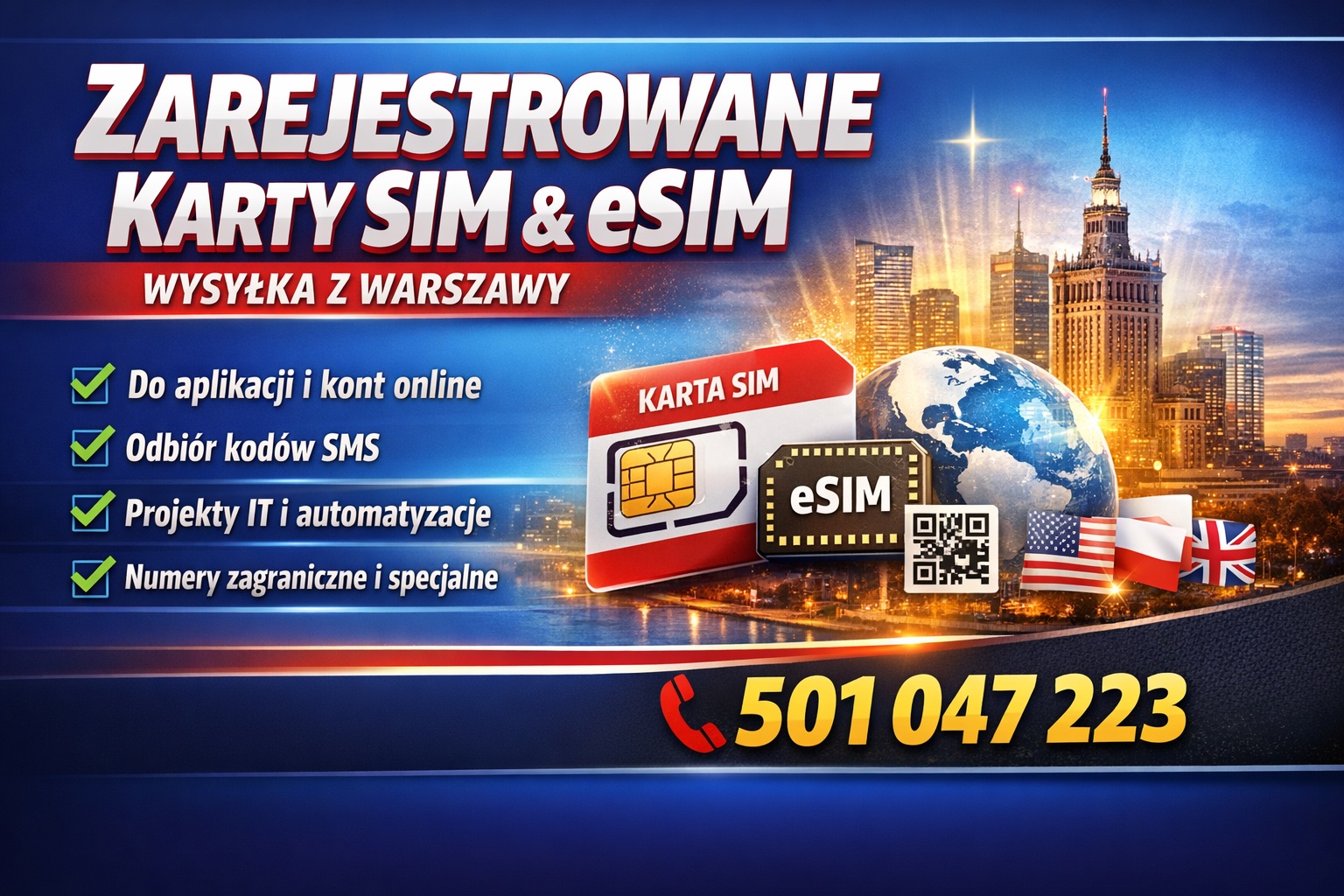 Sprzedam karty fizyczne sim oraz esim różne narodowości bez rejestracji